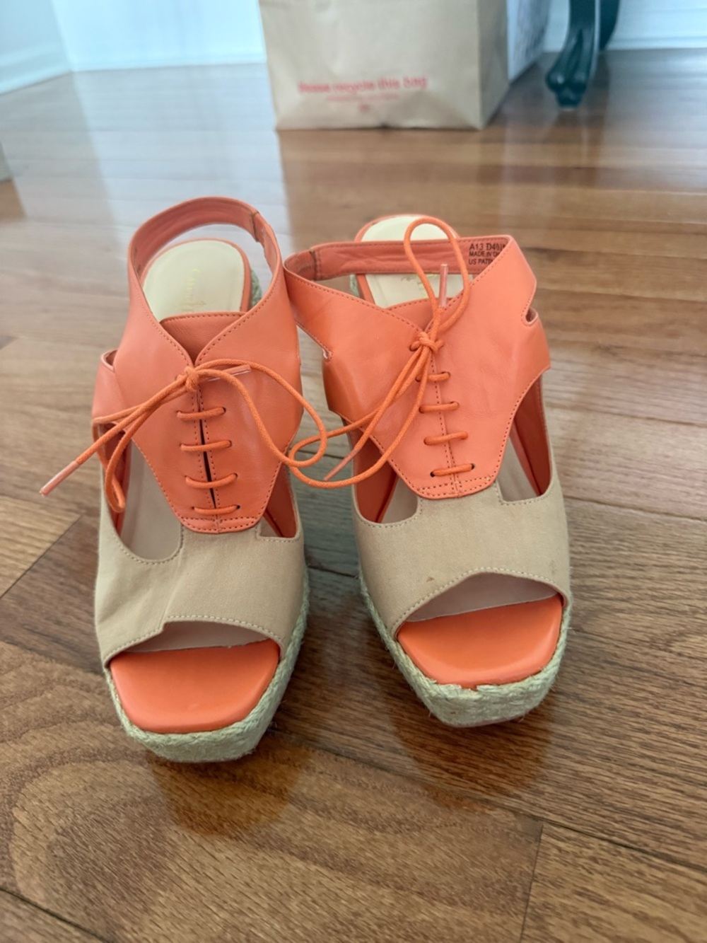 Cole Haan Orange and Beige Lace-Up Wedge Sandals
